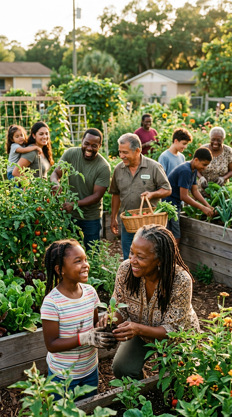 Neighbors gathering together in a community garden